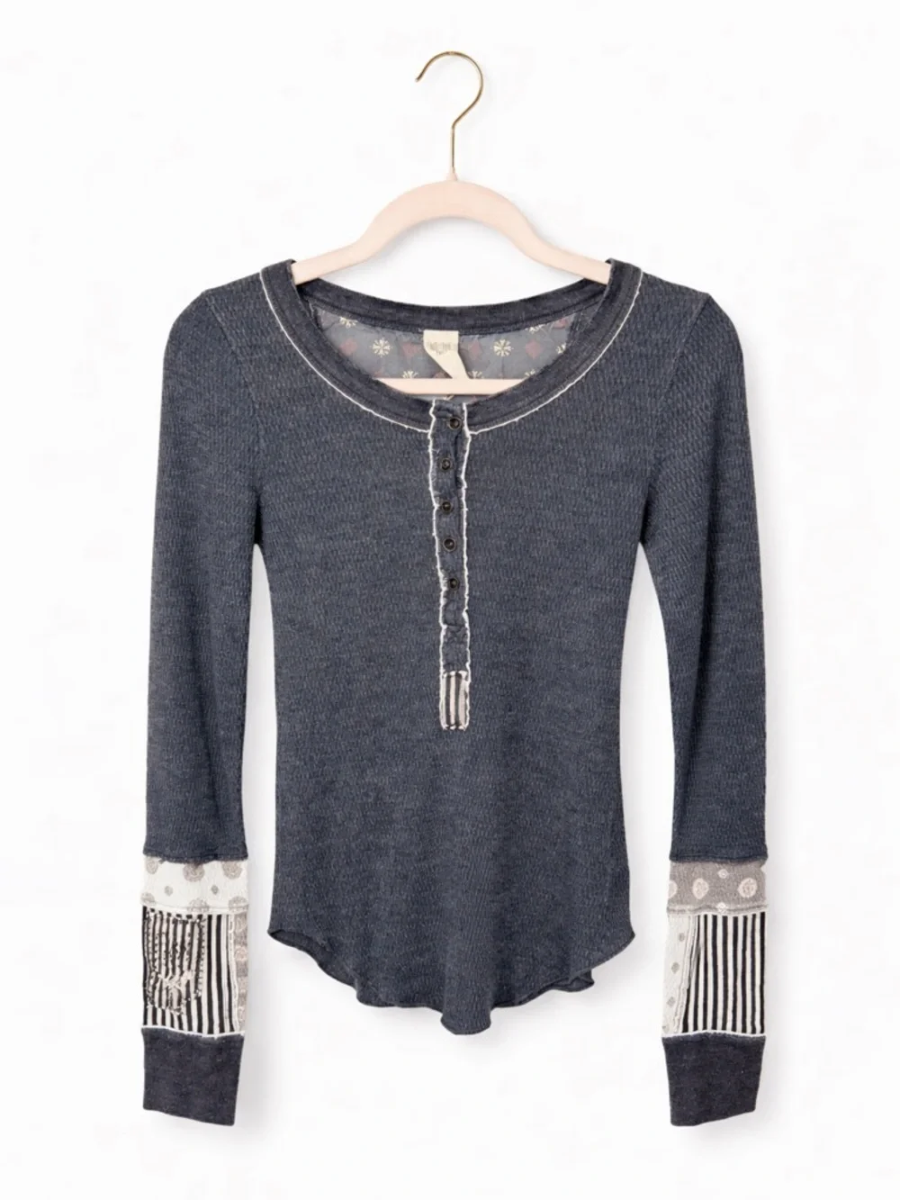 Free People Railroad Mixed Media Henley Charcoal Small - Picture 1 of 10